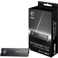Black MSI SPATIUM M571 DLP PCIe 5.0 NVMe M.2 SSD with silver logo, shown with matching branded packaging.