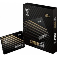 Black MSI Spatium S270 SATA SSD with gold diagonal stripes, shown with matching black and gold packaging.