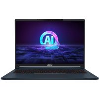 Blue MSI Stealth 16 laptop with 16-inch display, sleek design, backlit keyboard, and AI graphics on screen.