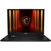 Black MSI Stealth 18 HX laptop with 45.7" display, illuminated keyboard, and dragon logo on screen.
