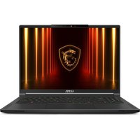 Black MSI Stealth A16 laptop with illuminated keyboard and dragon logo on screen.