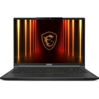 Black MSI Stealth A16 laptop with 16-inch display, red backlit keyboard, and dragon logo on screen.