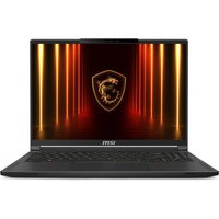 Black MSI Stealth A16 laptop with 16" display, illuminated MSI logo, sleek design, and thin bezels.