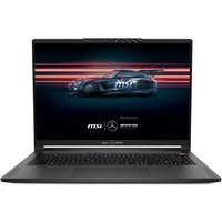 MSI Stealth A16 laptop, black, featuring Mercedes design, AMD Ryzen 9, 32GB RAM, 2TB SSD, RTX 5070, 240Hz display.