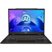 Black MSI Summit E13 AI Evo 2-in-1 laptop, 13.3" touchscreen, sleek design, backlit keyboard, AI logo on screen.
