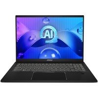 Black MSI Summit E16 2-in-1 laptop, 16" touchscreen, slim design, illuminated keyboard, AI-themed screen display.