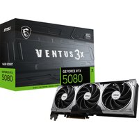 MSI VENTUS GeForce RTX 5080 graphics card with triple fan design, black and silver accents, next to branded box.