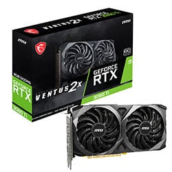 Black and silver MSI VENTUS RTX 3060 TI graphics card with dual fans, positioned next to its green and black packaging featuring the GeForce RTX logo.