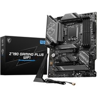 MSI Z790 GAMING PLUS WIFI motherboard, black with silver accents, LGA 1700 ATX, next to its branded box.