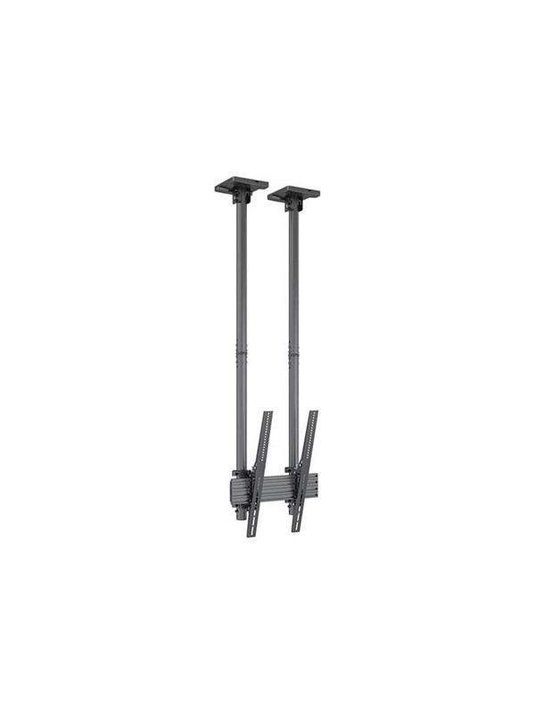 Ceiling mount in black metal with adjustable poles, designed for mounting displays, featuring a sturdy bracket and dual support arms for stability.