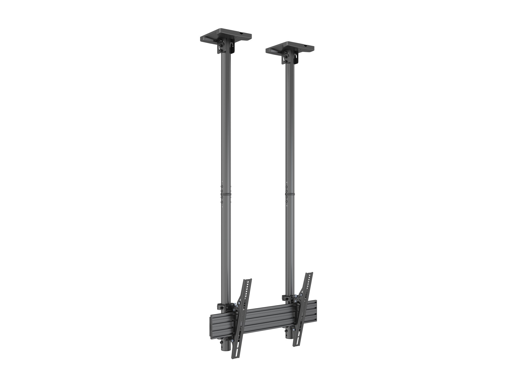 Ceiling mount in black metal with two vertical poles and a horizontal bracket, designed for secure installation of displays or monitors.