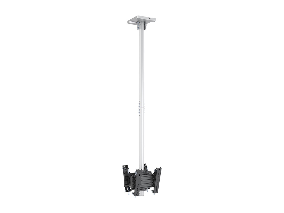 White ceiling mount with a long adjustable pole and a black VESA 200 compatible bracket for secure TV or monitor installation.