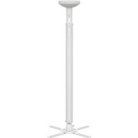White adjustable ceiling projector mount with long telescopic pole and cross-shaped base.