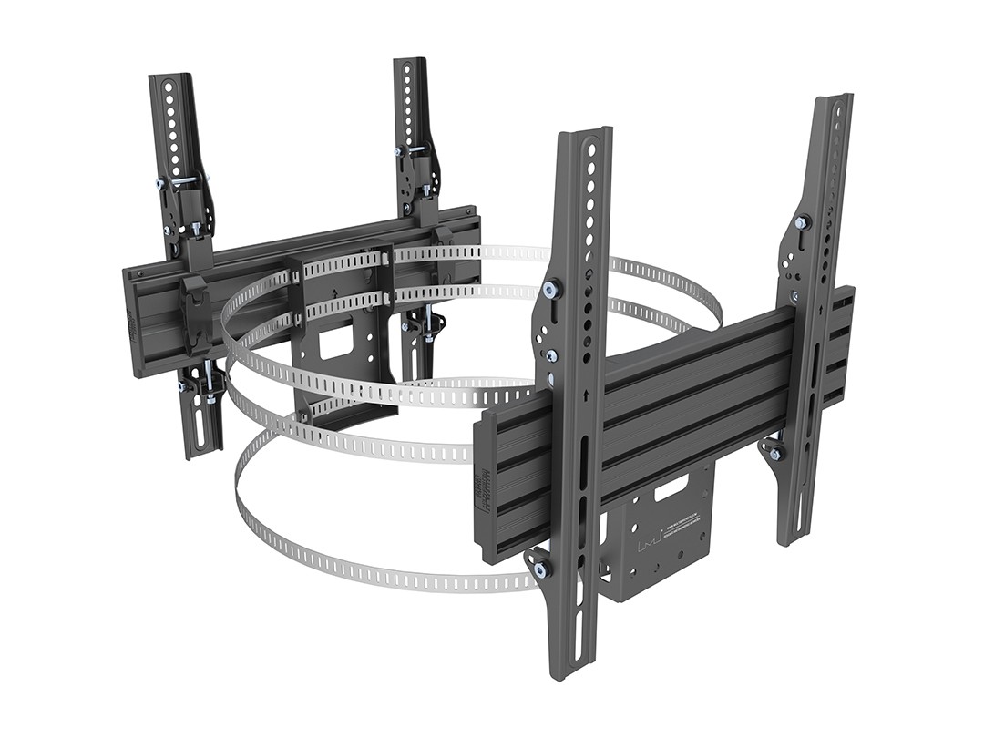 Black metal wall mount with adjustable brackets, designed for dual monitor setups, compatible with screens ranging from 32" to 65", featuring multiple mounting holes and sturdy construction.