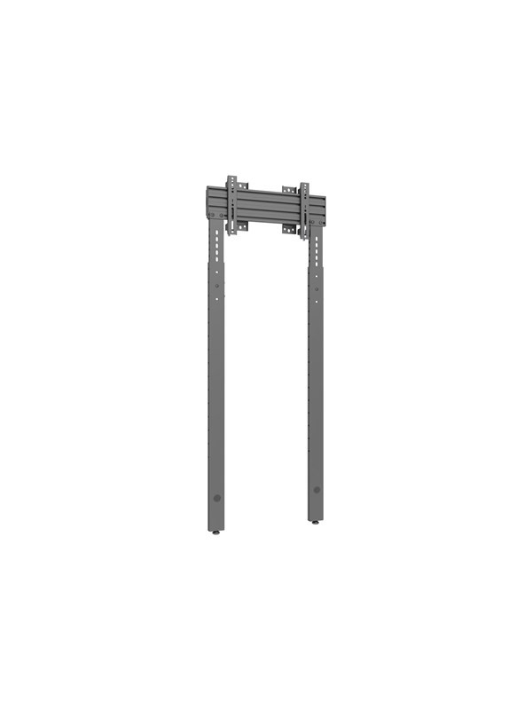 Gray metal wall mount with fixed brackets, featuring sturdy vertical supports and adjustable mounting holes for secure installation of displays.