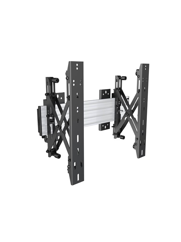 Multibrackets M Wallmount Pro features a sturdy black metal frame with adjustable arms, designed for 40" to 65" TVs, allowing for push-in and pop-out functionality.