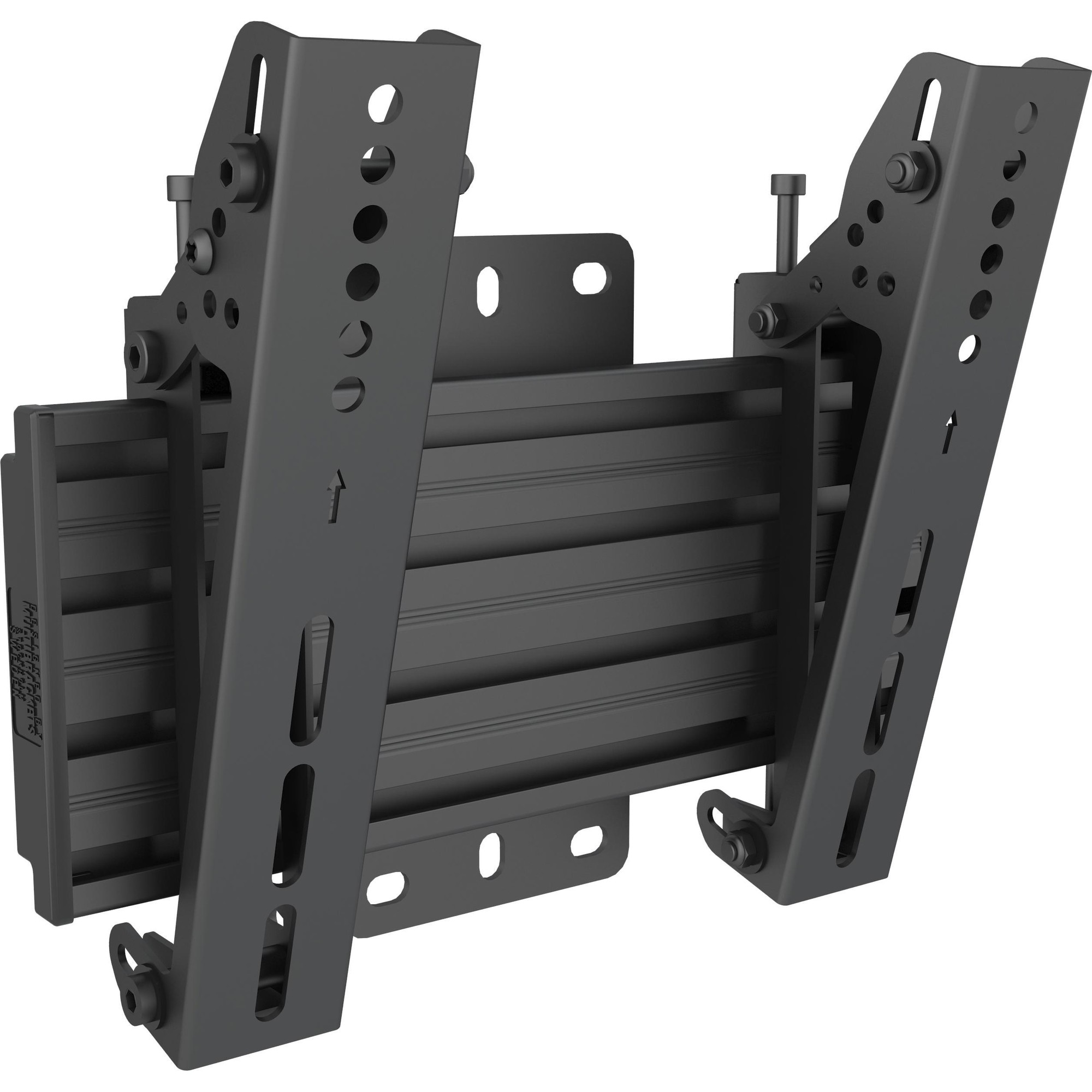 Black metal wall mount with tilt feature, featuring adjustable brackets and multiple mounting holes for secure installation, designed for flat-screen TVs.