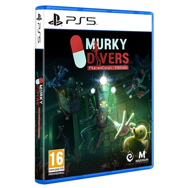 Murky Divers: PharmaCorps Edition for PS5 features a vibrant blue case, showcasing a dark underwater scene with divers, a duck, and a large pill graphic on the cover.