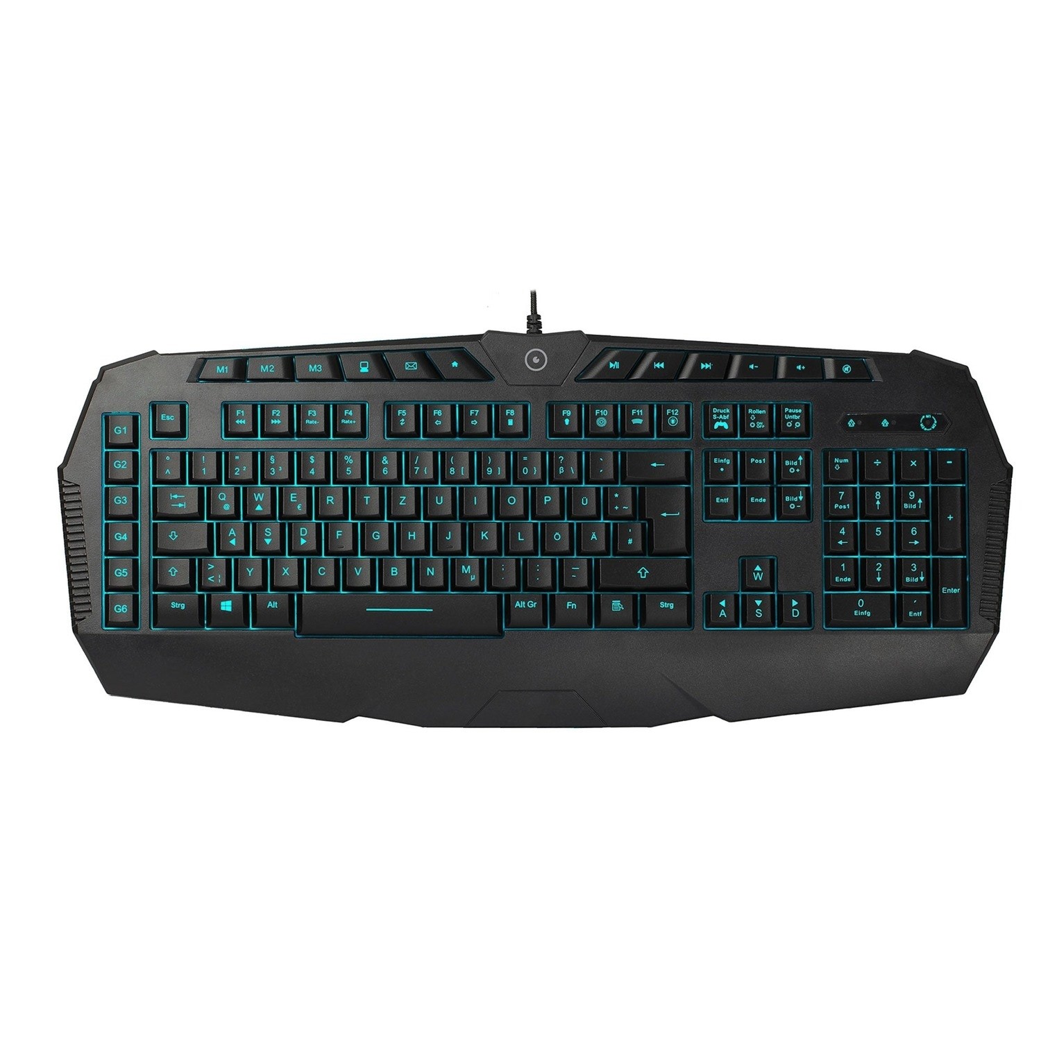 Black wired gaming keyboard with blue LED backlighting, featuring a sleek design, multimedia keys, and a textured finish for enhanced grip.
