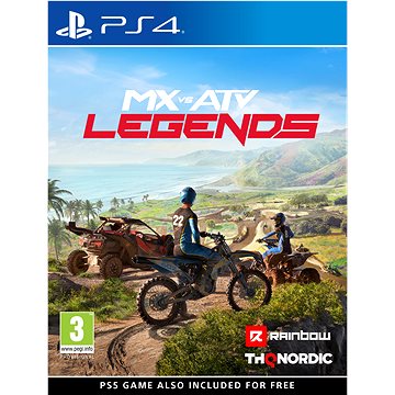 The cover features vibrant artwork of a motocross rider and an ATV on a scenic beach landscape, with bold text "MX Vs ATV Legends" and PlayStation 4 branding at the top.