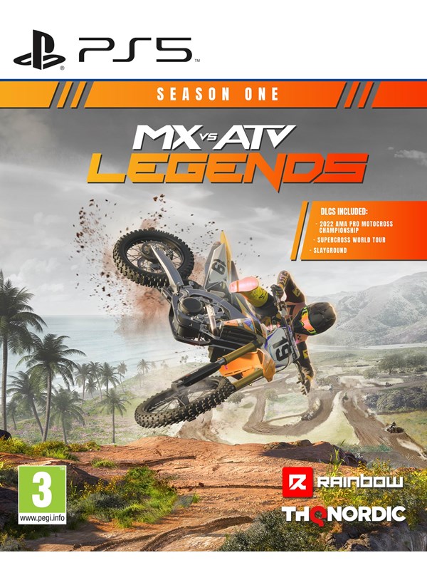 Cover art for "MX Vs ATV Legends Season One" on PS5, featuring a vibrant orange and yellow logo, a motocross bike mid-air over a tropical landscape, with game details at the bottom.
