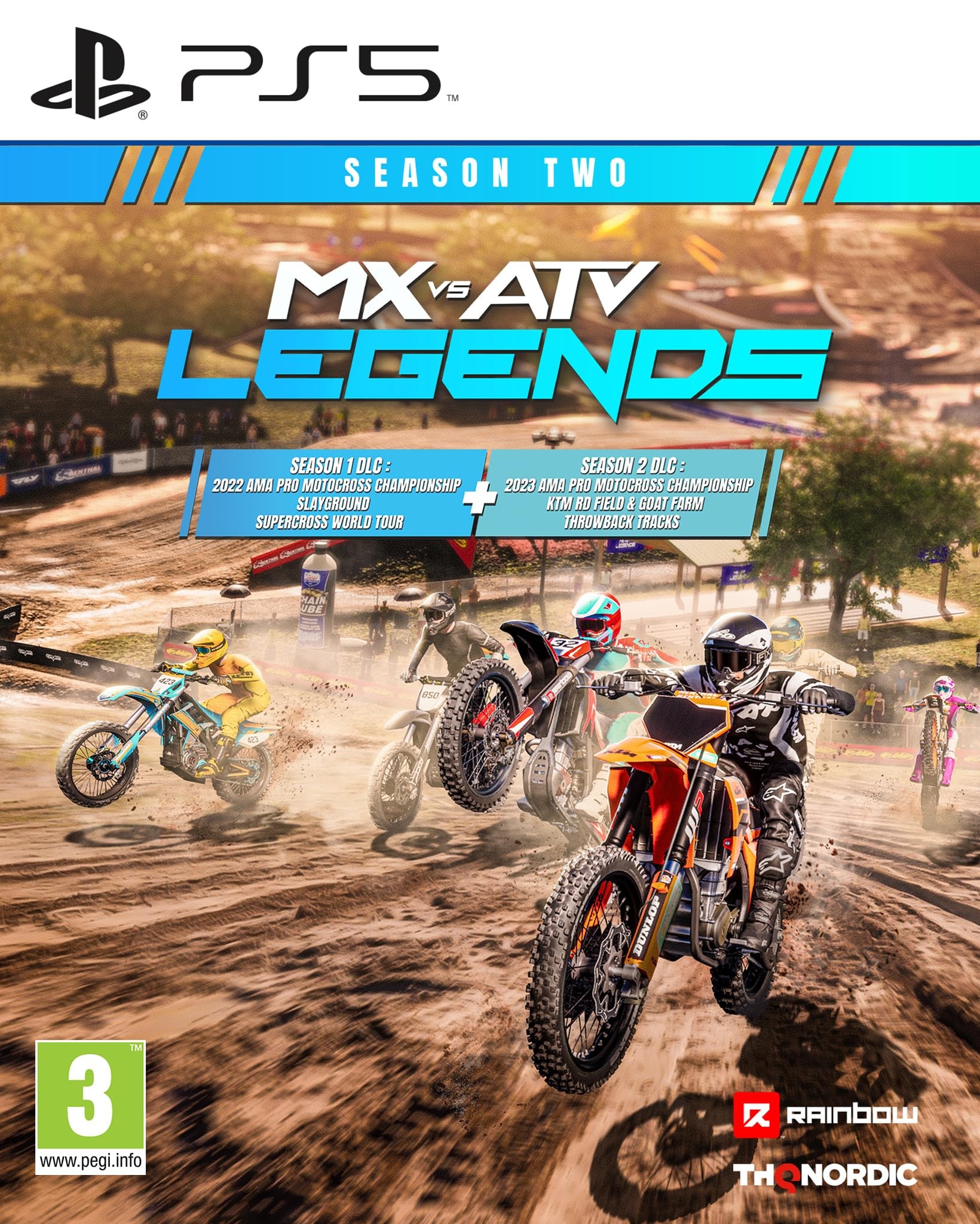 Cover art for "MX Vs ATV Legends Season Two" on PS5, featuring vibrant motocross bikes racing on dirt, with bold blue text and logos for THQ Nordic and PEGI rating.
