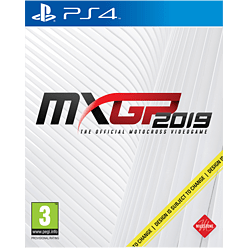 Cover for "Mxgp 2019" video game featuring a white background with red and black text, showcasing the PS4 logo and age rating of 3+.