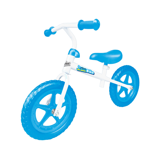 Blue balance bike with a white frame, featuring a comfortable blue seat, blue rubber tires, and adjustable handlebars, designed for young children learning to balance.