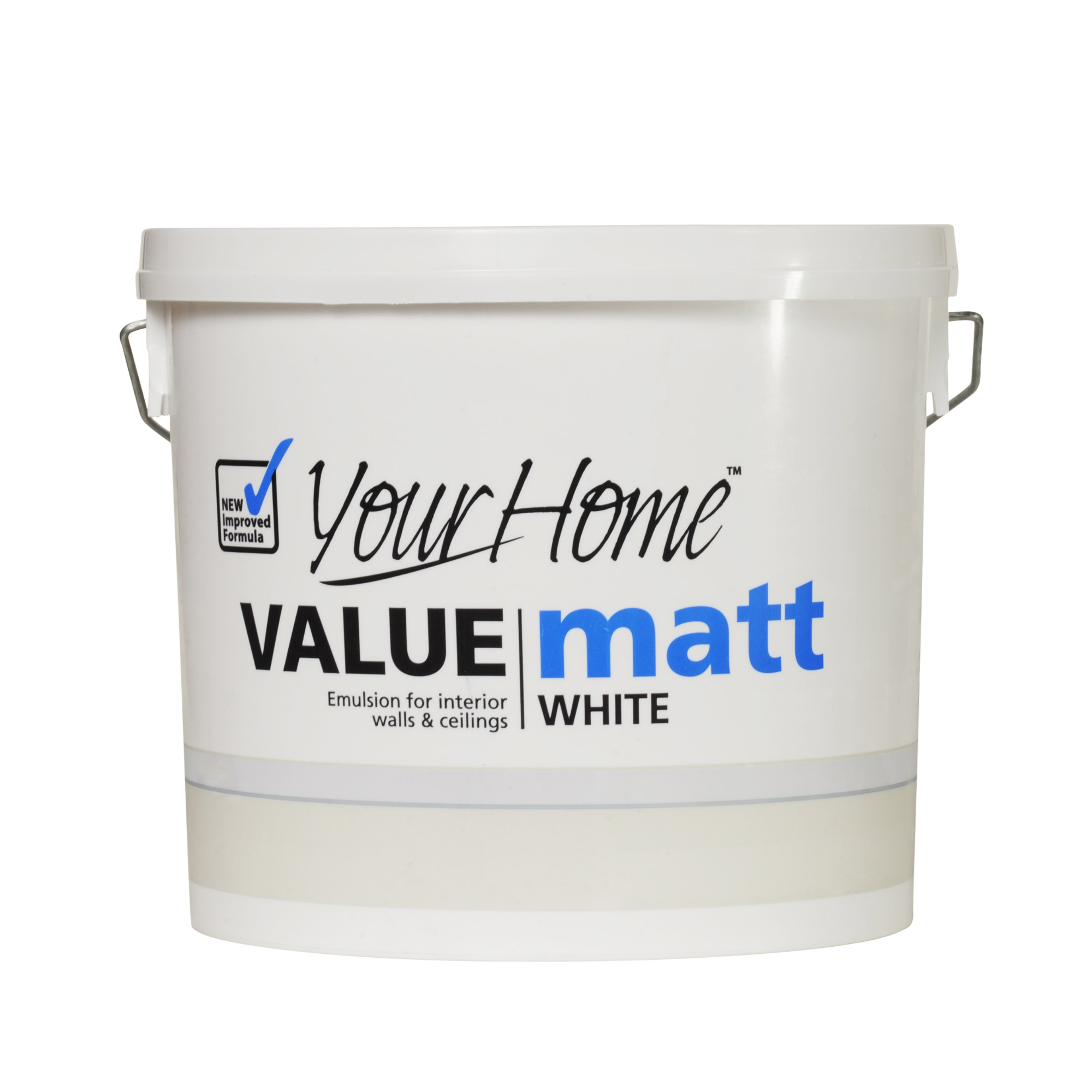 White 5L bucket of "Your Home Matt Emulsion," featuring a matte finish, labeled for interior walls and ceilings, with a blue and black design on the front.
