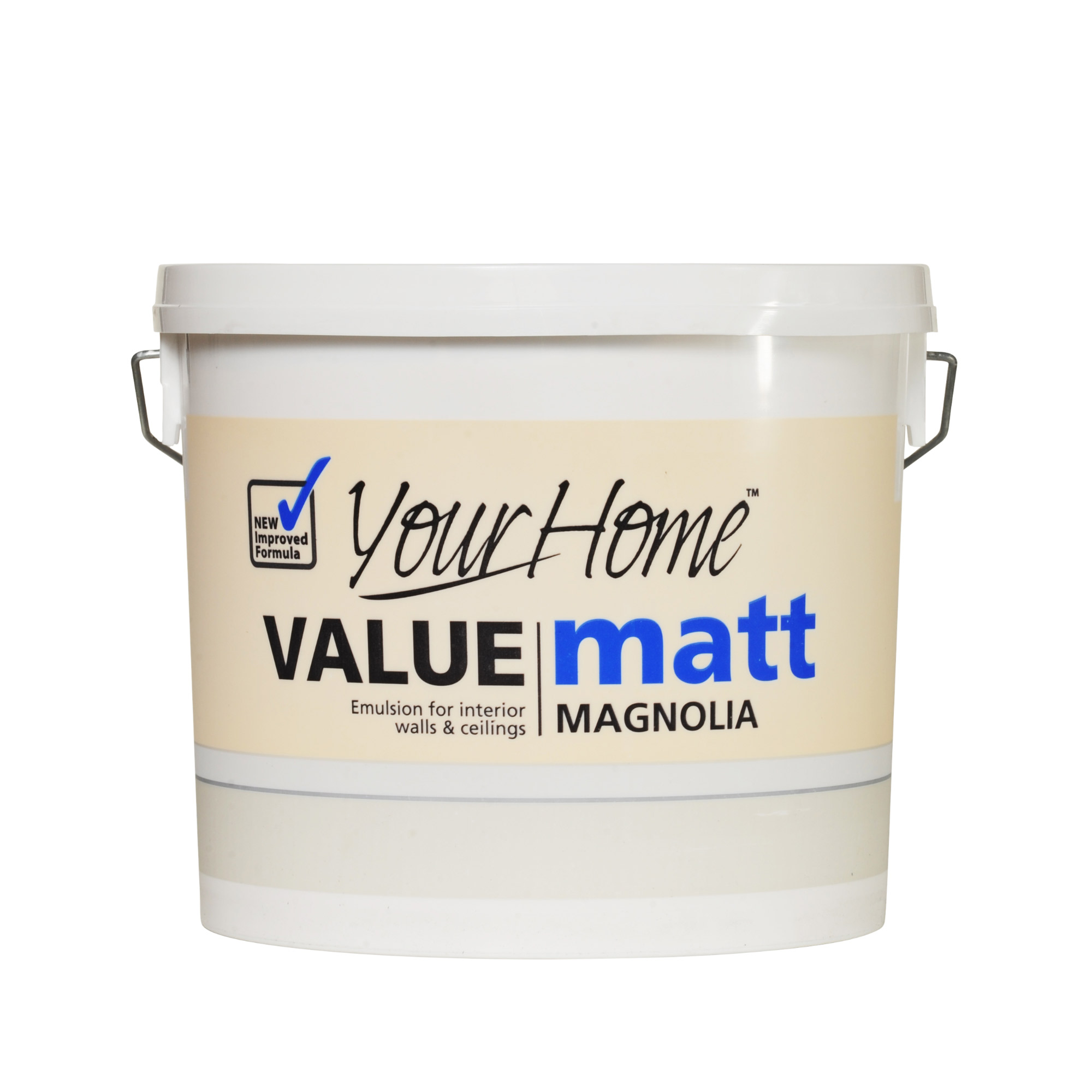 5L white plastic paint tub labeled "Your Home VALUE matt MAGNOLIA," featuring a blue logo and text indicating it's an emulsion for interior walls and ceilings.