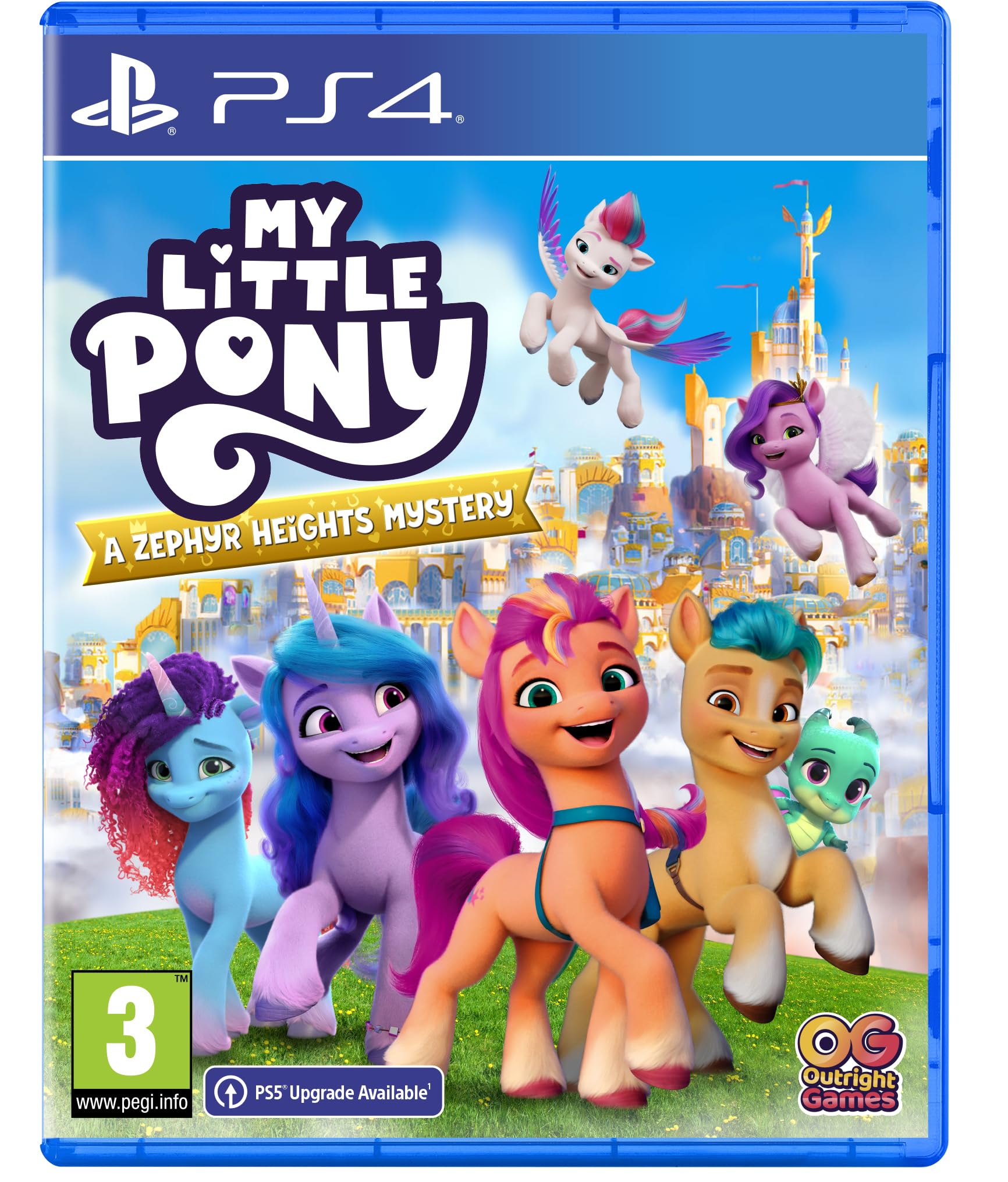 Colorful PS4 game cover featuring five My Little Pony characters, including a pink unicorn and a blue pegasus, set against a whimsical castle backdrop.