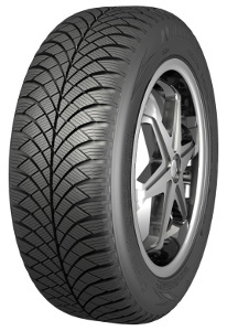 Nankang AW-6 all-season tyre in size 195/55 R16, featuring a black rubber tread with a detailed pattern and a silver alloy wheel visible behind it.