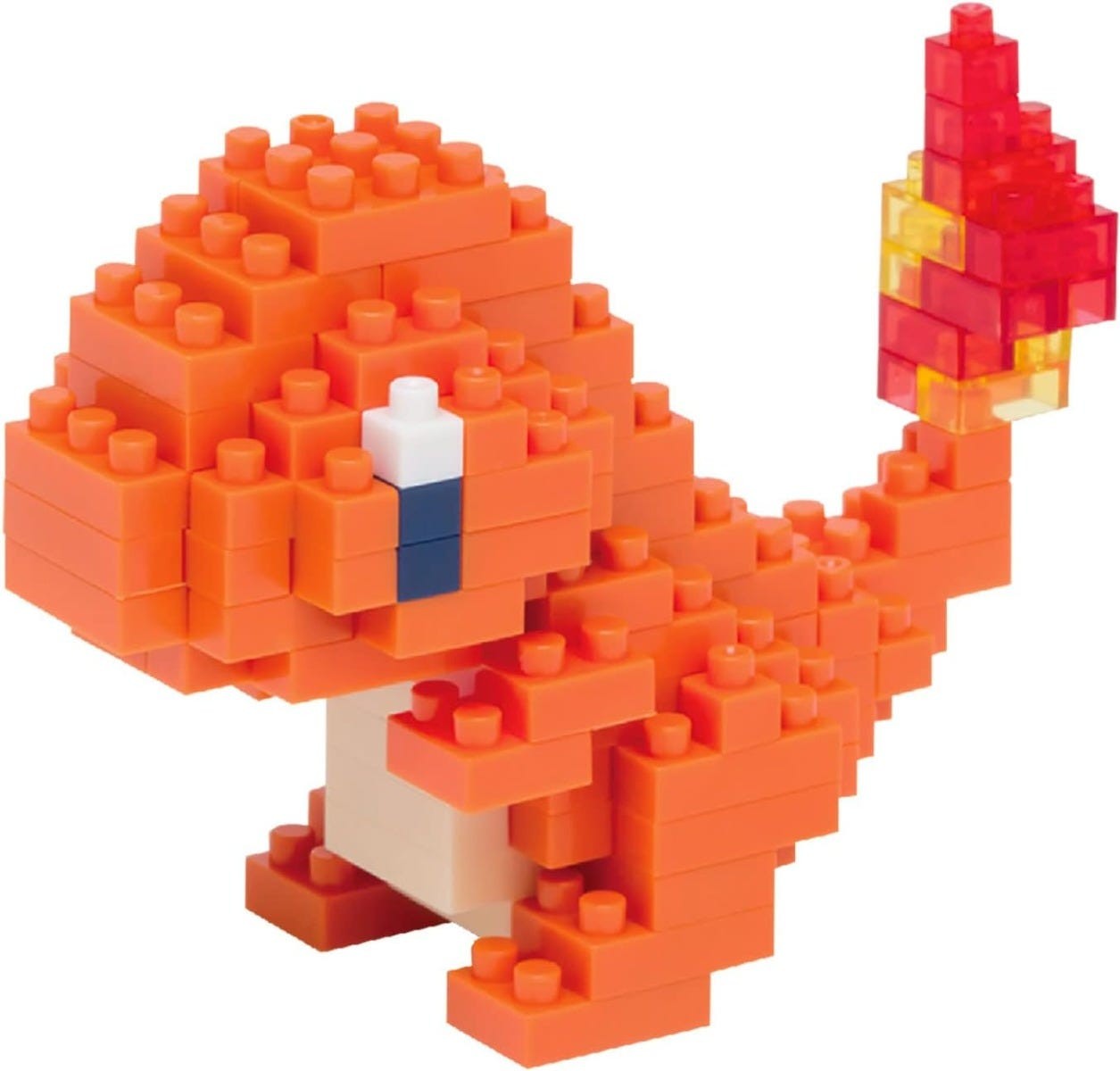 Bright orange Nanoblock Charmander figure with a white belly, blue eye, and a flame-shaped tail made of red and yellow blocks, showcasing intricate building details.