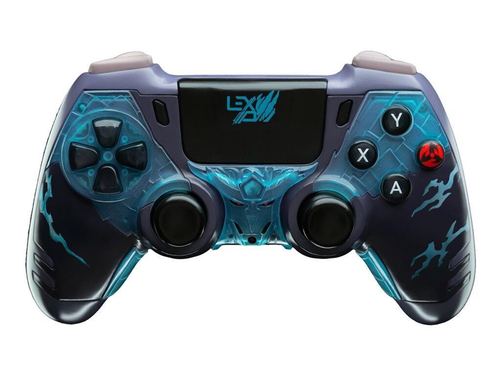 Kakashi Kamui-themed controller featuring a translucent blue and black design with lightning motifs, dual analog sticks, and standard button layout.