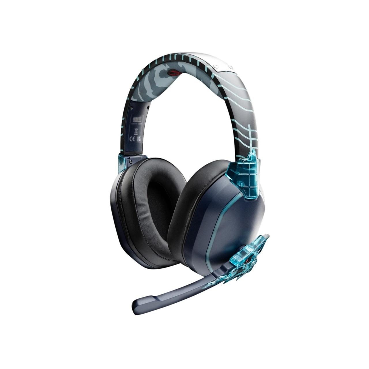 Black and blue gaming headset featuring a sleek design with translucent blue accents, cushioned ear cups, and a flexible microphone, inspired by Naruto Shippuden's Kakashi.