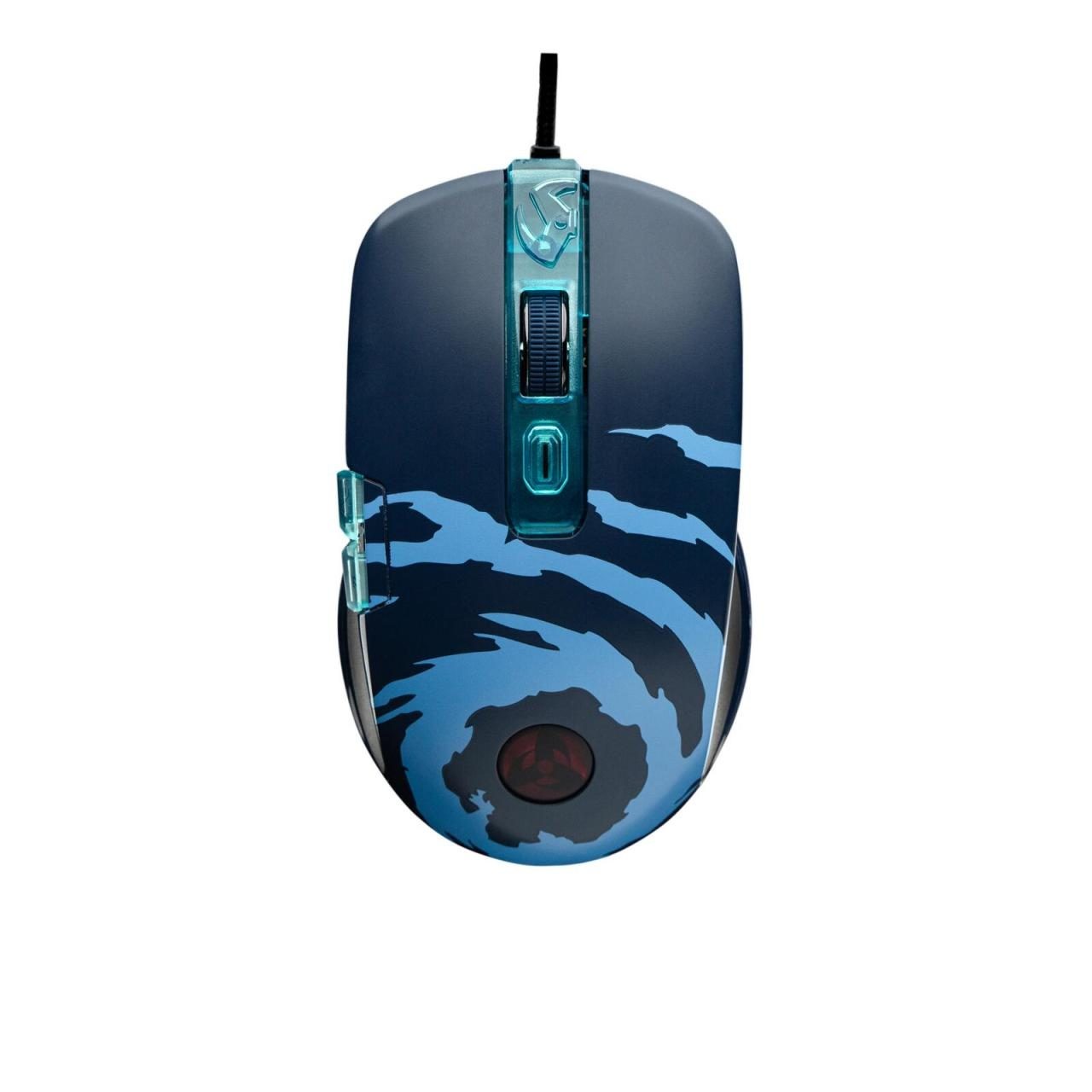 Kakashi Kamui mouse featuring a dark blue and black design with swirling patterns, a clear blue scroll wheel, and a red logo at the base.