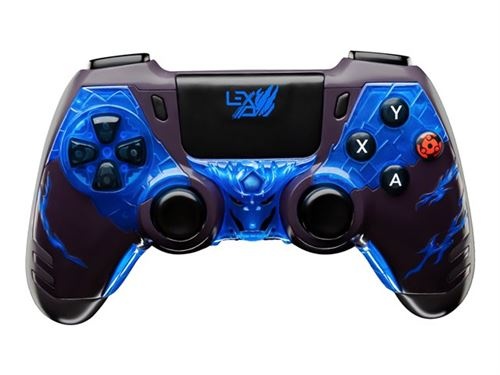 Purple and blue gaming controller featuring a striking Naruto Shippuden Madara design, with textured grips, dual analog sticks, and standard action buttons.