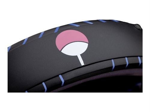 Black headset with blue accents featuring a pink and white Uchiha clan symbol, designed for fans of Naruto Shippuden, showcasing a sleek, modern look.