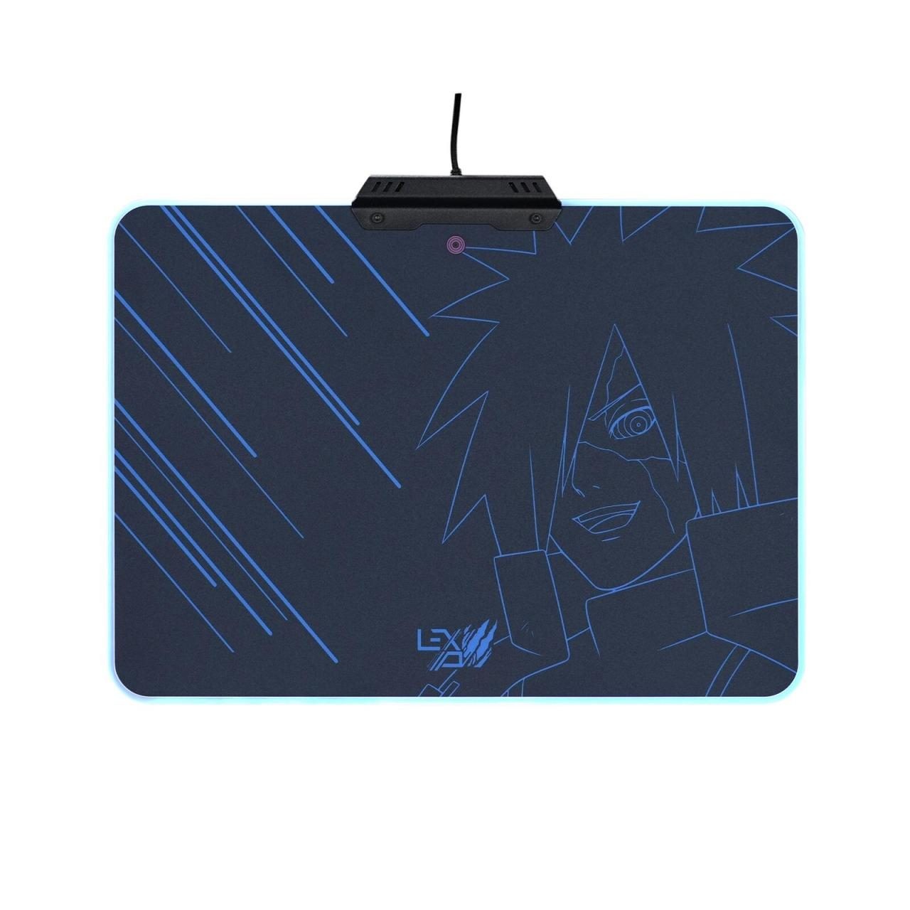 Black mouse pad featuring a blue outline of Madara from Naruto Shippuden, with dynamic lines and a glowing edge, designed for gaming with a Lexip logo.