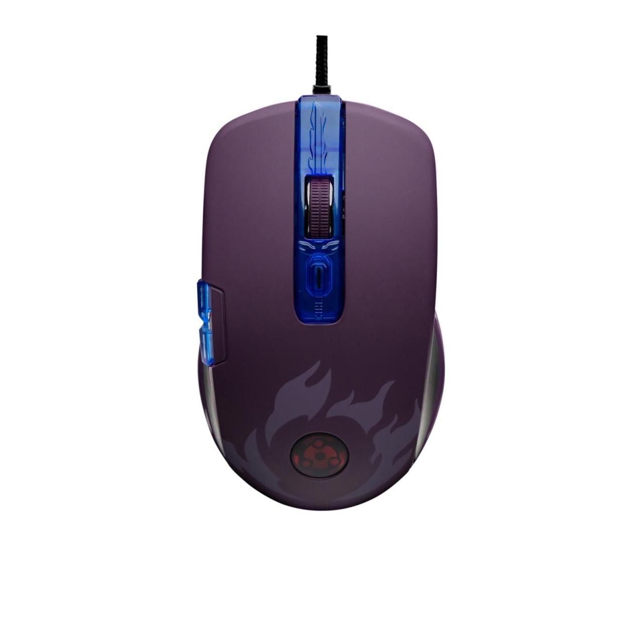 Purple gaming mouse featuring a blue scroll wheel, side buttons, and a flame design, inspired by Naruto Shippuden's Madara character.