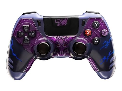 Purple and black controller featuring a stylized Sasuke design with lightning motifs, textured grips, and prominent buttons labeled X, Y, A, and B.