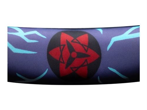 Sasuke Revenge headset features a purple design with a red and black emblem, accented by blue lightning motifs, showcasing a sleek and stylish anime-inspired aesthetic.
