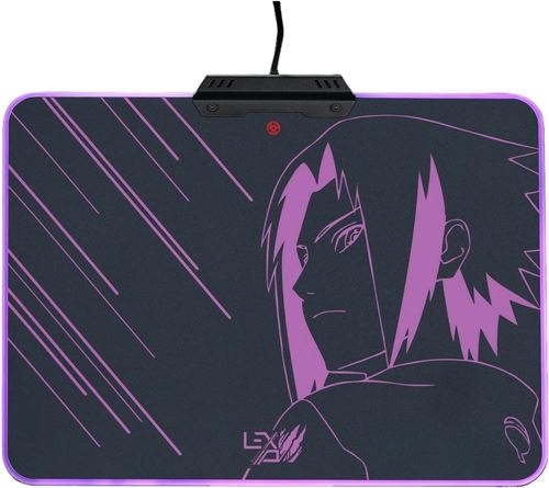 Black mouse pad featuring a purple outline of Sasuke Uchiha from Naruto Shippuden, with dynamic lines and the Lexip logo at the bottom.