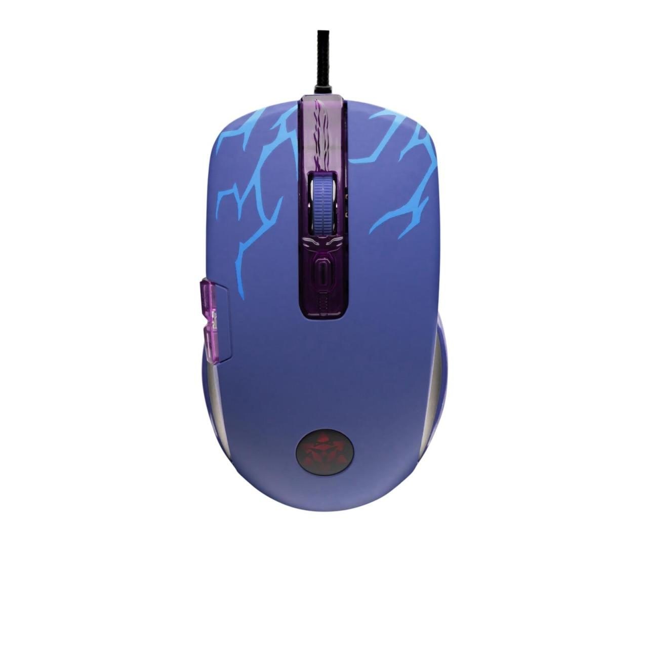 Purple gaming mouse featuring a sleek design with blue lightning motifs, a scroll wheel, and a red logo at the base, designed for Naruto Shippuden fans.
