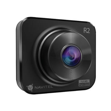 Compact black Navitel R2 Dash Cam with a glossy finish, featuring a prominent lens and the brand logo, designed for 1080P Full HD video recording.