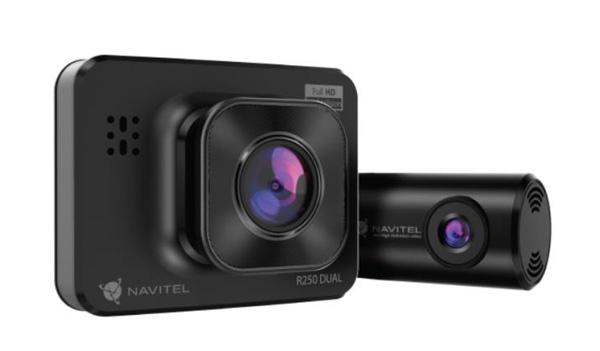 Navitel R250 Dual Smart Dash Cam in sleek black, featuring a prominent lens on the main unit and a secondary camera, designed for full HD recording and vehicle monitoring.