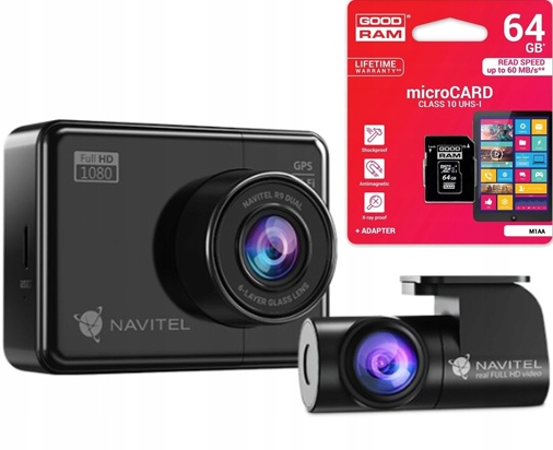 Black NAVITEL R9 Dual Dash Cam featuring front and rear cameras, Full HD 1080p resolution, and a 64GB microSD card with adapter, showcasing sleek design and compact size.
