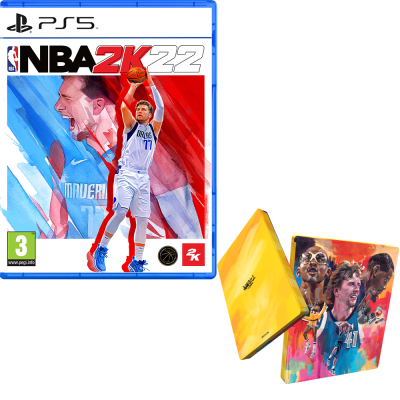 NBA 2K22 for PS5 features a blue case, vibrant artwork of a player in a white jersey, and a colorful steelbook with various basketball players on the cover.