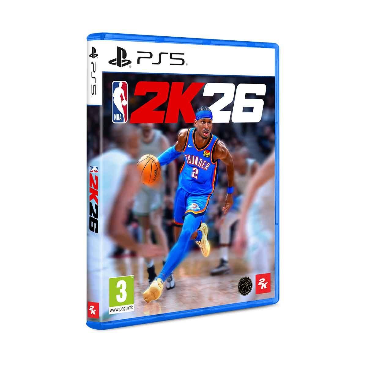 NBA 2K26 Standard Edition for PlayStation 5 features a vibrant blue case with a dynamic player in an orange and blue uniform, dribbling a basketball against a blurred background.