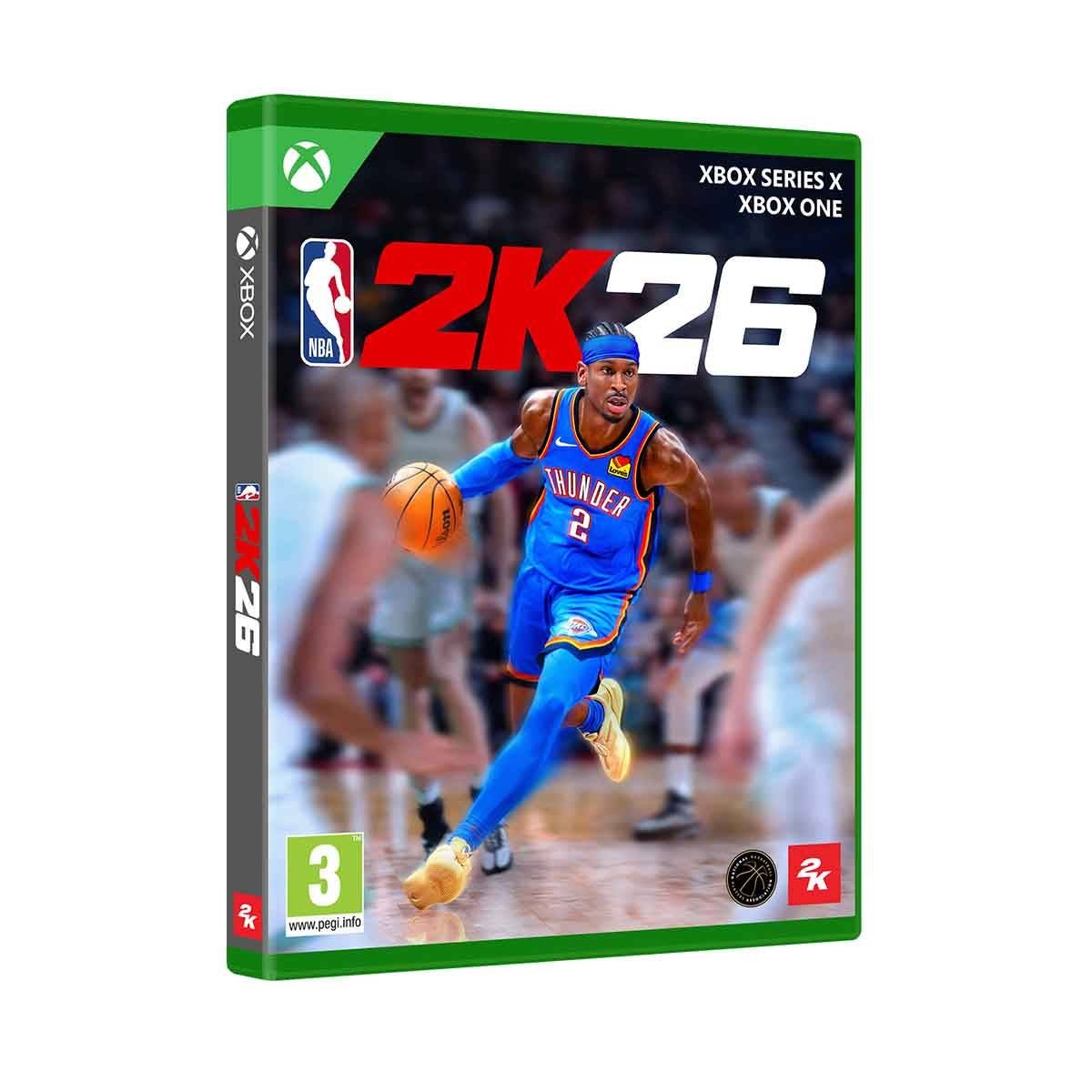 NBA 2K26 Standard Edition for Xbox Series X/One features a vibrant green case with a dynamic basketball player in a blue uniform on the cover, showcasing action and excitement.